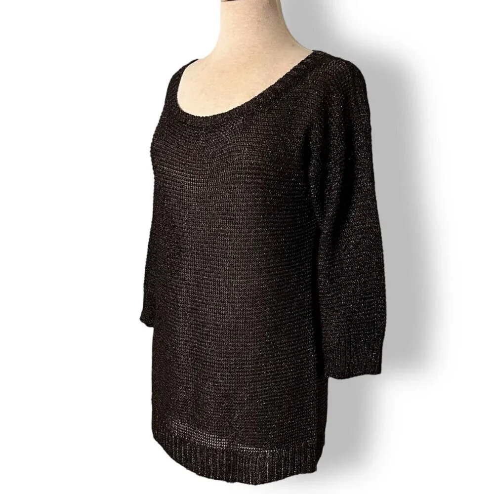 Lauren Vidal Shimmer 3/4 Sleeve Knit Sweater Black Brown Scoop Neck Size S